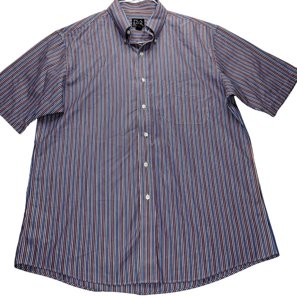 Jos. A. Bank Shirt Traveler's Collection Mens L Blue Red Striped Cotton Tailored